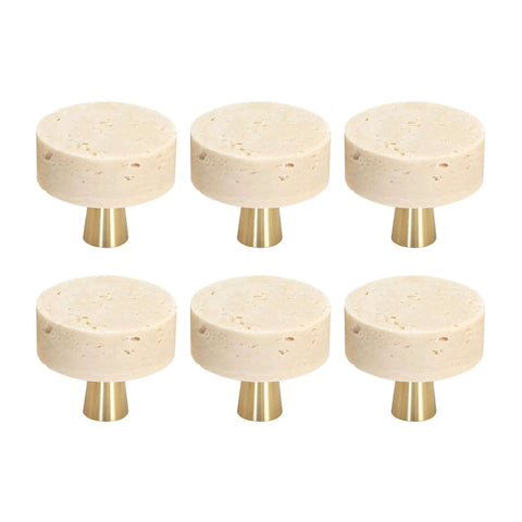 Set Of Six Natural Stone Cabinet Knobs And Round Marble Drawer Pulls With Solid Brass Base For Kitchen Cabinets And Bathroom Vanities adding swanky charm, beige stone with brass base