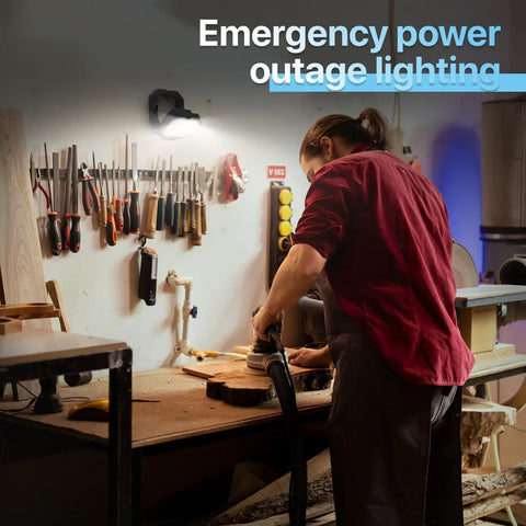Person using Two Pack Rechargeable Work Light 40W With Magnetic Base And Folding Hook Up To 2000lm in a workshop during power outage