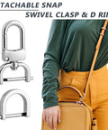 4 Pack Detachable Snap Hook Swivel Clasps With D Rings For DIY Purse Strap Replacement, Silver Three Quarter Inch shown with purse