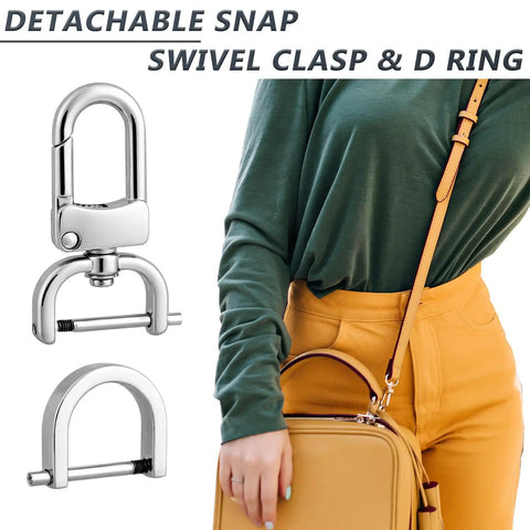 4 Pack Detachable Snap Hook Swivel Clasps With D Rings For DIY Purse Strap Replacement, Silver Three Quarter Inch shown with purse
