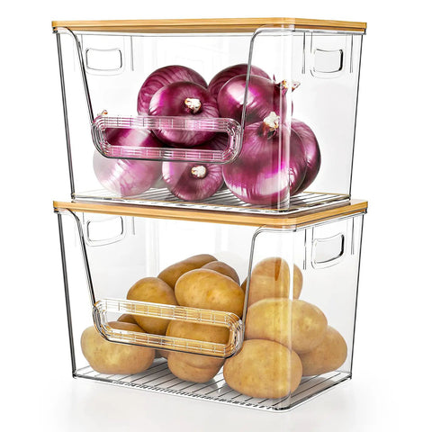 No Fuss Pantry Organizers With Bamboo Lids And Heavy Duty Trash Bag Dispenser For Four Through Thirteen Gallon Rolls Stackable Under Sink Storage Bins holding onions and potatoes.