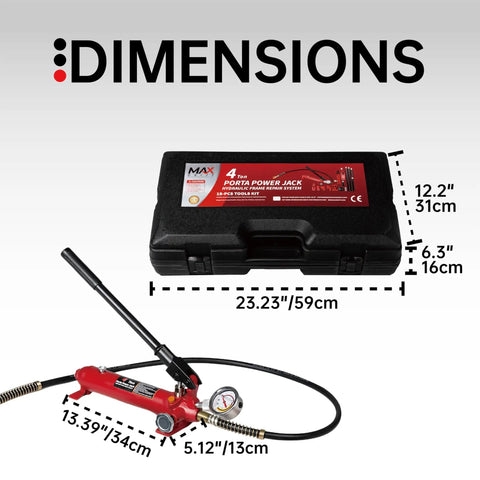 4 Ton Porta Power Hydraulic Jack Auto Body Frame Repair Kit with carrying case dimensions and hydraulic pump with gauge.