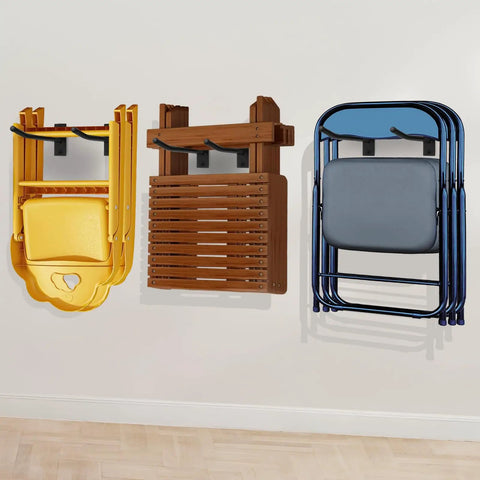 Wall mounted folding chair storage rack with adjustable width beefed up organizer holding yellow, brown, and blue chairs in garage.