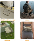 Ultra Portable 11.5 Inch Collapsible Camping Stool With Two Side Pockets in various outdoor settings.