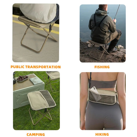 Ultra Portable 11.5 Inch Collapsible Camping Stool With Two Side Pockets in various outdoor settings.