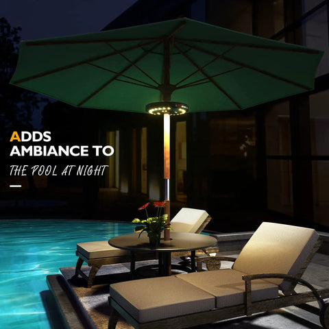 Rechargeable Patio Umbrella Lights With 28 LEDs And 3 Lighting Modes illuminating poolside at night