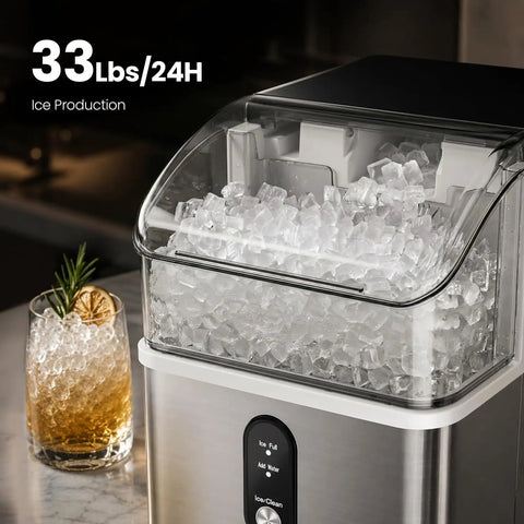 Beast Mode Countertop Nugget Ice Maker producing 33 lbs of soft nugget ice with a clear viewing lid.