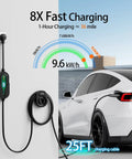 Level 2 EV Charger 40A 9.6kW Fast Charging With Adjustable Amperage And Bright LED Display For Tesla And All Electric Cars mounted on wall.