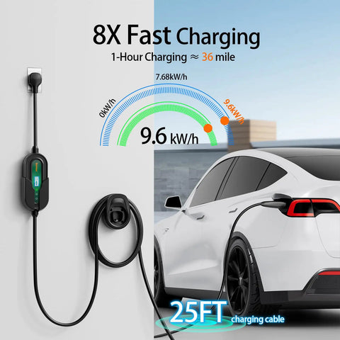 Level 2 EV Charger 40A 9.6kW Fast Charging With Adjustable Amperage And Bright LED Display For Tesla And All Electric Cars mounted on wall.