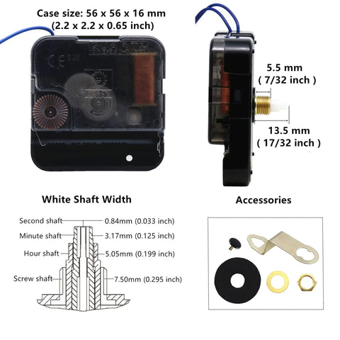 Youngtown 12888 Step Quartz Clock Movement Replacement Part With Hour Trigger Switch, case dimensions and accessories shown