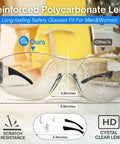 Heavy Hitting Job Site Staples With Crush Proof Clear Lenses Deliver Knockout Durability And Top Tier Ansi Certification In A Smart Bulk Pack Of Six Scratch Resistant Safety Glasses For Men And Women close-up showing reinforced polycarbonate lens and size details.