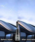 Image showing before and after effects of Windshield Crack Repair Kit Two Pack For Chips And Star Shaped Cracks Quick Fix Glass Repair Fluid With Fast Cure Looks Like New In Twenty Minutes Upgraded 2024 Car Window Glass Repair Kit For Home And Auto, with a vial of repair fluid in the center.