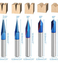 Heavy Duty CNC Wood Carving Router Bits Set Featuring Five Slick Nano Coated V Shape Engraving Tools and Straight Cutting Edges.