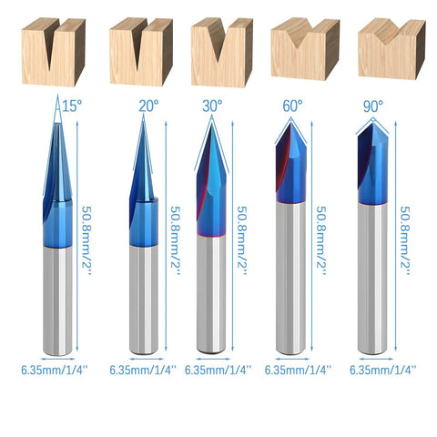 Heavy Duty CNC Wood Carving Router Bits Set Featuring Five Slick Nano Coated V Shape Engraving Tools and Straight Cutting Edges.
