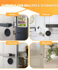 Black Door Hole Cover Plate, Heavy Duty Steel, 2 5/8 In Diameter, shown in various home settings including kitchen and bedroom.