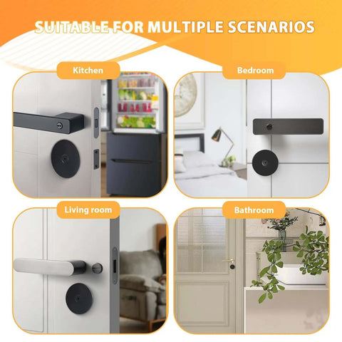 Black Door Hole Cover Plate, Heavy Duty Steel, 2 5/8 In Diameter, shown in various home settings including kitchen and bedroom.