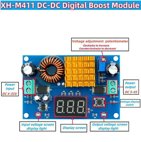 Adjustable DC To DC Boost Converter Module 3 To 35V In 5 To 45V Out 5A Max Digital Booster with display screen