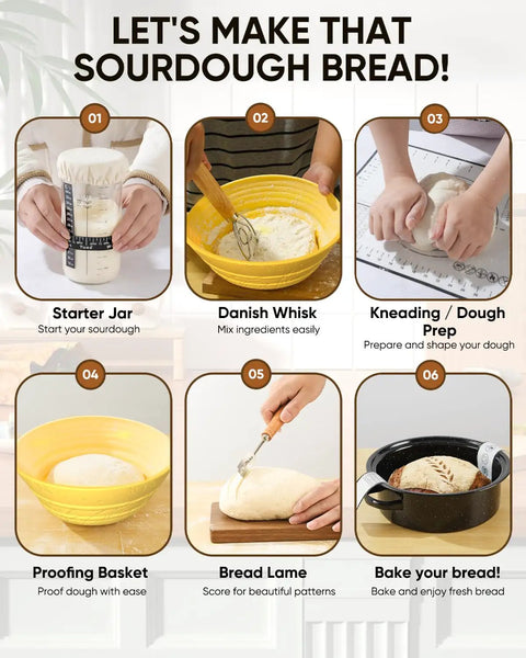 Steps to use Sourdough Starter Kit For Beginners Newbie Friendly With 34 Oz Starter Jar And Clear Scale Markings Two Silicone Proofing Baskets Complete Bread Baking Kit With Guide And Recipes Easy To Use And Clean Yellow
