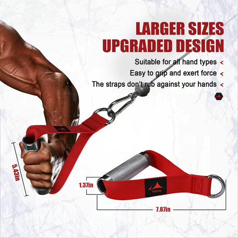 Rock Solid Aluminum Alloy Workout Handles, Hella Durable Metal Gym Grips For Cable Machines And Lat Pulldowns with red straps.