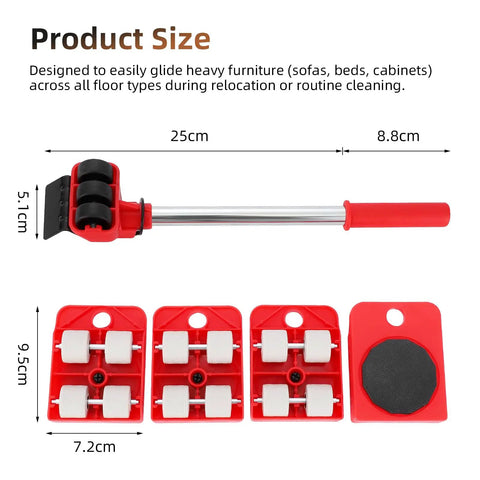 HQO LOVL Furniture Glider Kit with Four Carbon Steel Slides for Sofa Fridge Moving showing size measurements for easy lifting tool.
