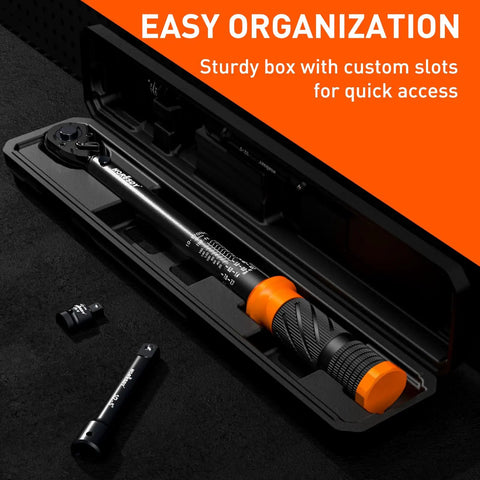 Half Inch Drive Click Torque Wrench Set With 10 To 170 Ft-Lb And 13.6 To 230.5 Nm Range in black case with accessories