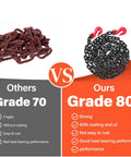 Comparison of Grade 70 and Grade 80 chains highlighting the Heavy Duty G80 Chain Binder Set 3/8 to 1/2 Inch With 3/8 Inch By 10 Foot Chain, Ratchet Load Binder With Grab Hook, Transport Chains, 9,200 Lb Load Capacity For Safe Hauling advantages.