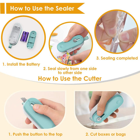 Usage instructions for 2 In 1 Mini Bag Sealer With Cutter And Lanyard, No Preheat Heat Seal For Chips And Snack Bags, Portable Resealer Machine For Plastic Bags And Food Storage, Batteries Included.
