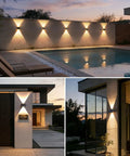 Solar Fence Lights Outdoor 6 Pack Up And Down Wall Lights Warm White Weatherproof Yard Decor Skip The Wiring Hustle With Dusk To Dawn Sensor For Ultimate Patio Vibes illuminating poolside and entrances.