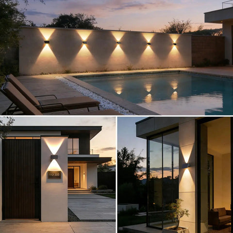 Solar Fence Lights Outdoor 6 Pack Up And Down Wall Lights Warm White Weatherproof Yard Decor Skip The Wiring Hustle With Dusk To Dawn Sensor For Ultimate Patio Vibes illuminating poolside and entrances.