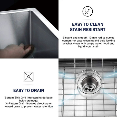 Undermount 13x15 Inch Single Bowl Kitchen Sink in Premium 304 Stainless Steel undercounter view with drainage features and easy clean