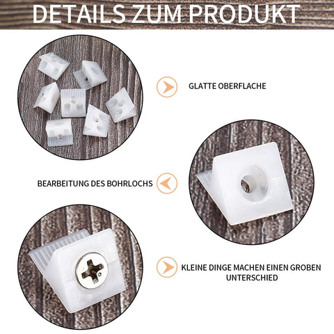 120 Pcs Drawer Bottom Support Brackets With Screws Plastic Drawer Wedges And Corner Brackets Repair Kit details shown on wood surface