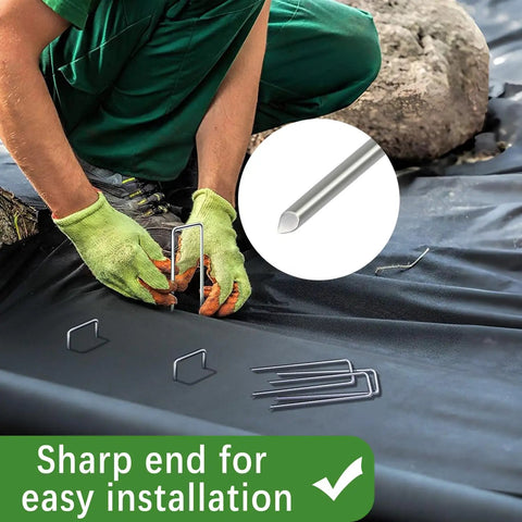 50 Pack 4 Inch Landscape Staples 12 Gauge Galvanized Heavy Duty Ground Stakes Anti Rust Beveled Garden Pins installation close-up