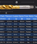 Pro Grade Titanium Coated HSS Spiral Flute Tap Set 9 Piece Metric Taps M2 Through M12 with size chart and specifications