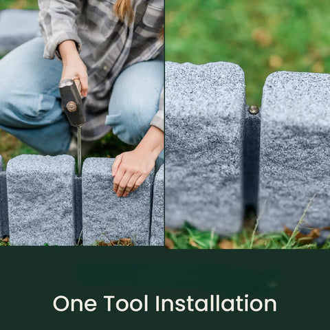 Installing Landscape Edging Kit With Faux Stone Blocks XL, 48in long, 4in high, greystone, using a tool on grass
