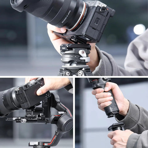 Camera Quick Release Plate And Tripod Mount Adapter For Gimbals Sliders And DSLRs shown in various mounting uses