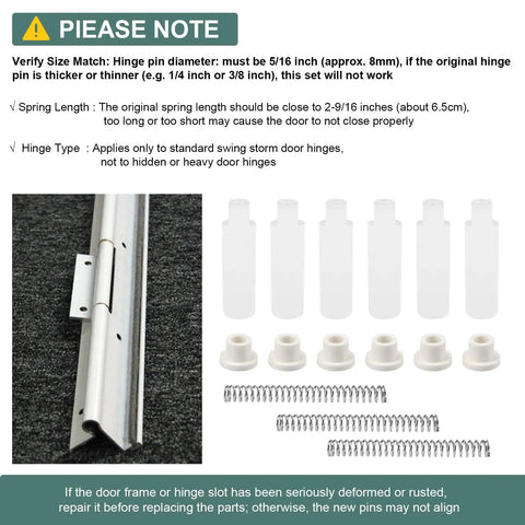 Storm Screen Door Hinge Pin Repair Kit K5131 Replacement Set with springs, nylon pins, bushings, and hinge bracket components.