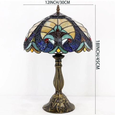 Tiffany Style Stained Glass Bedside Table Lamp With Blue And Yellow Panels, Cozy Glow Reading And Desk Light, 12 By 12 By 18 Inches, Decor For Bedroom Living Room And Home Office, UL Listed, On Cord Switch, S160E Series, showing side view with base and shade detail