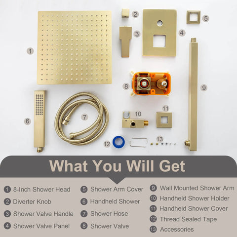 Brushed Gold 8 Inch Rain Shower System With Wall Mount Dual Function Shower Faucet Set components laid out
