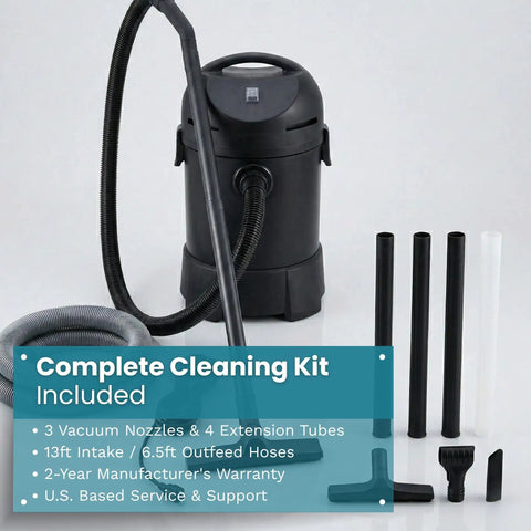 1400 Watt Pond Vacuum With 13 Ft Intake Hose Four Tubes Three Nozzles And Bag, complete cleaning kit components shown