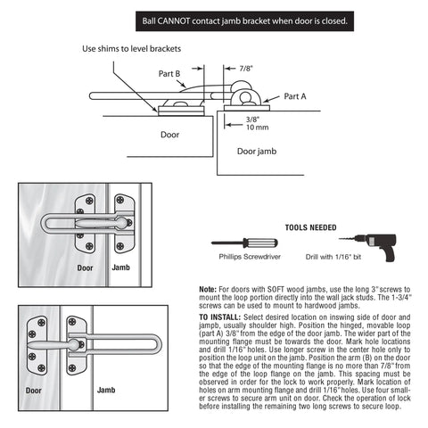 Diagram for installation of Built Like A Tank Swing Bar Door Lock for Hinged Entryways secondary latch with dimensions and tools.