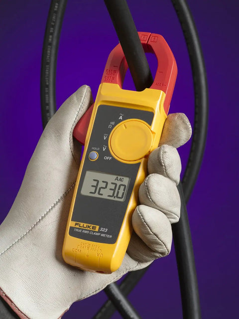 Pro Grade Clamp Meter For Electricians With True RMS Readings, Measures AC Current To 400 A, held in a gloved hand