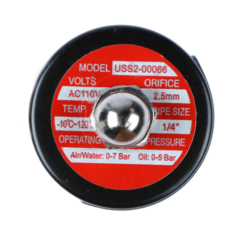 Top view of 1/4-inch stainless steel solenoid valve showing model, voltage, and pressure details