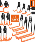 16 Pack Garage Hooks Set Durable Wall Mount Storage System With Heavy Duty Industrial Hangers For Bikes Tools Ladders Mops And Brooms Extension Straps 100 Lbs Capacity Orange