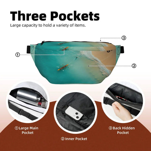 Rowing Team Fanny Pack for Men and Women Ocean Landscape Waist Belt Bag Crossbody Great for Sports Travel Hiking Running Jogging Water Resistant Lightweight Everyday Carry with three pockets