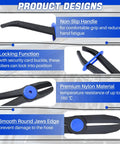 Three Pack Hose Pinch Off Pliers Set With Five Point Nine Inch Seven Point Three Inch And Ten Inch Straight Fuel Line Clamp Pliers featuring ergonomic non-slip handles and wide jaw openings, highlighting non-slip handle, locking function, premium nylon material, smooth round jaw edge.
