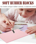 Child carving a pink block from Eight Piece 4x6 Inch Linoleum Carving Blocks For Printmaking And Rubber Linocut Stamps Kit With Wood Carving Tools And Brayer Roller For DIY Crafts