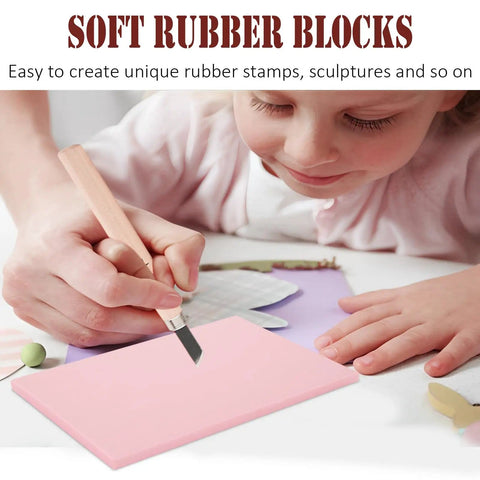 Child carving a pink block from Eight Piece 4x6 Inch Linoleum Carving Blocks For Printmaking And Rubber Linocut Stamps Kit With Wood Carving Tools And Brayer Roller For DIY Crafts