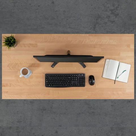 Slick Electric Standing Desk With Genuine Solid Wood Top And Easy Programmable Memory Controls Dual Motor Lift Mechanism For A Hustle Ready Sixty Inch Workstation Setup with laptop and accessories.