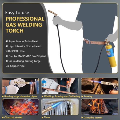 Image of Heavy Duty Propane Torch Hose Kit 3.93 Ft with Adjustable Heat MAPP Torch Head, demonstrating various professional uses.