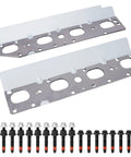 Premium Heavy Duty Exhaust Manifold Gasket Kit With Studs Bolts And Nuts For Dodge Ram Challenger Charger Durango 5 7 Hemi 2009 To 2020, shown with gaskets and bolts.